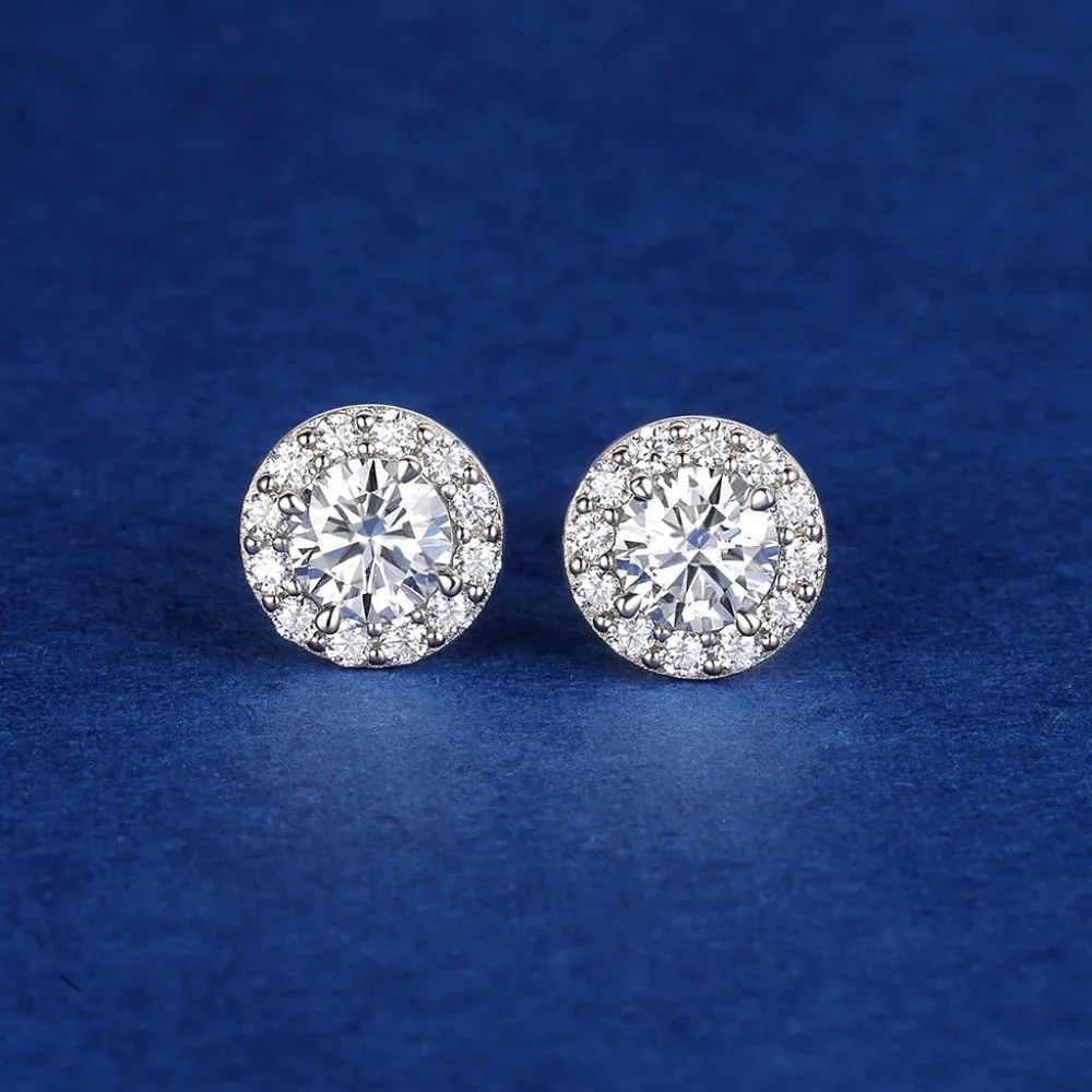 Certified 1ct. t.w. Moissanite Diamond Round Halo Stud Earrings NEW A